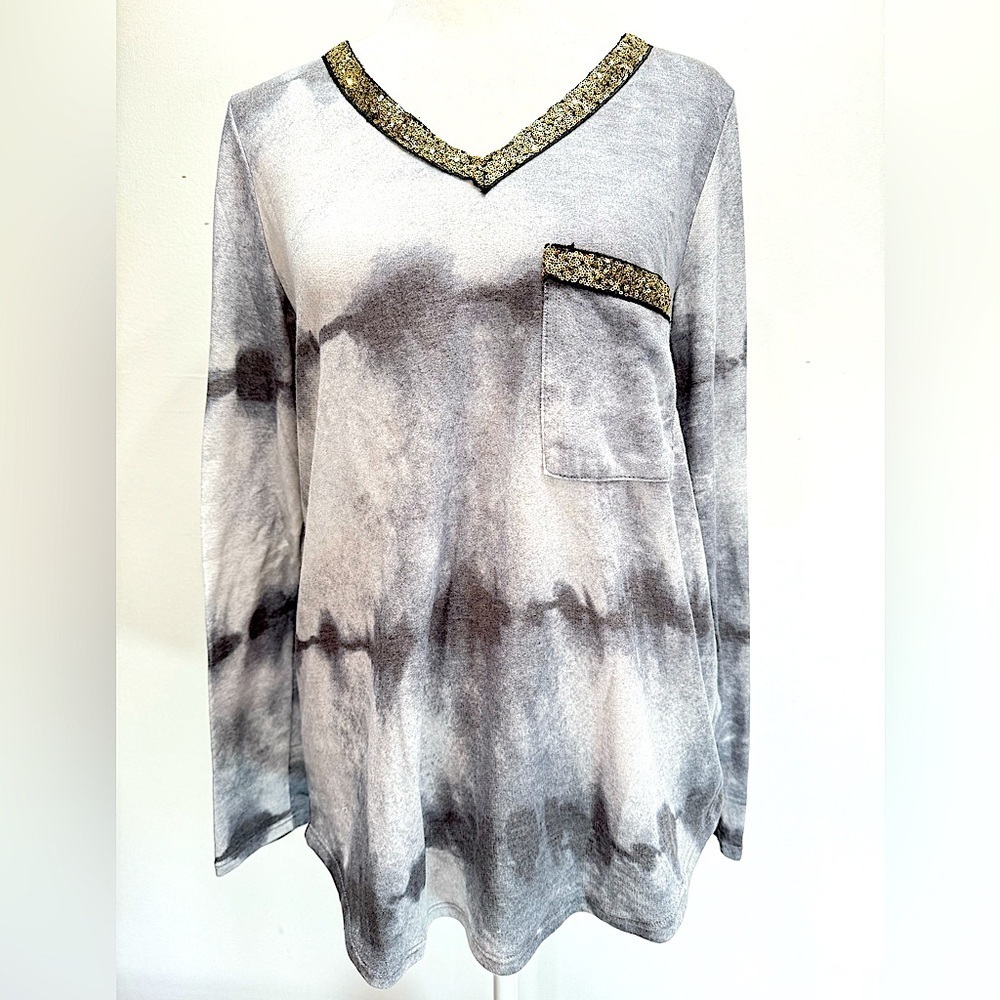 Gray Tie Dye with Sequins Trim Long Sleeve Knit Top 7th Ray Medium Boho Hippie